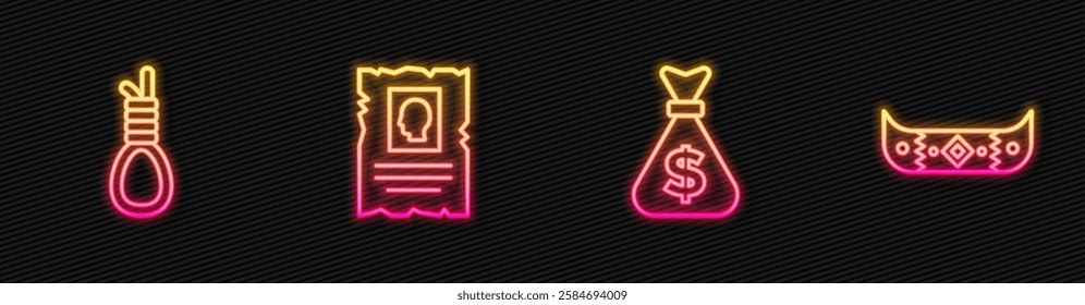 Set line Money bag, Gallows rope loop hanging, Wanted western poster and Kayak or canoe and paddle. Glowing neon icon. Vector