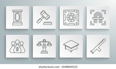 Set line Saco de dinheiro, martelo juiz, Escalas de justiça, Boné de graduação, baton de borracha da polícia, cofre, impressão digital e palco stand ou debate podium rostrum ícone. Vetor