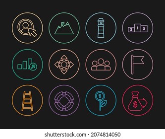 Set line Money bag, Location marker, Lighthouse, Project team base, Financial growth, Create account screen, Users group and Mountains with flag icon. Vector