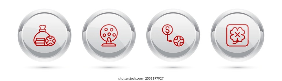 Set line Money bag, Lottery machine, Casino chips exchange and slot. Silver circle button. Vector