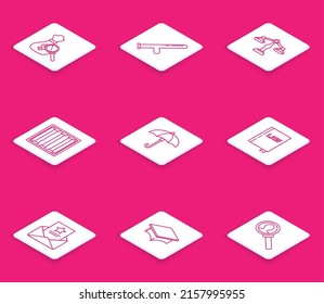 Set line Money bag and magnifying glass, Police rubber baton, Scales of justice, Prison window, Umbrella, Law book, The arrest warrant and Graduation cap icon. Vector