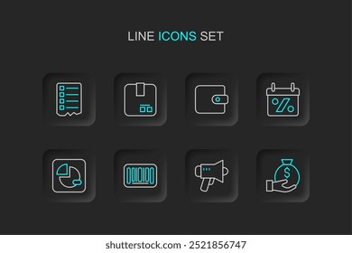 Set line Bolsa de dinero, megáfono, código de barras, infografía de gráfico circular, etiqueta de porcentaje de descuento, cartera, caja de cartón de cartón e icono de lista de compras. Vector