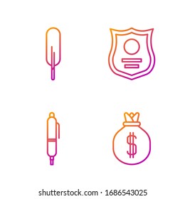 Set line Money bag, Pen, Feather pen and Police badge. Gradient color icons. Vector