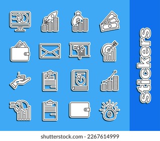 Set line Money bag, Pie chart infographic and coin, Target with, Envelope, Wallet stacks paper money cash, Computer monitor and Board icon. Vector