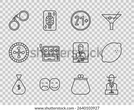 Set line Money bag, Poker player, 21 plus, Handcuffs, Slot machine, Wallet and Casino slot with lemon icon. Vector