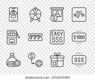 Set line Money bag, prize in casino, Casino chips exchange, Lucky wheel phone, Lottery ticket, Gift box and  icon. Vector