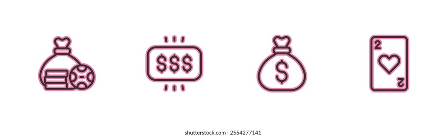 Set line Money bag, prize in casino and Playing card with heart icon. Vector