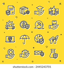 Set line Bolso de dinero con escudo, casa y rayo, seguro de entrega, subsidio de Educación, accidente de coche, contrato y paraguas icono. Vector
