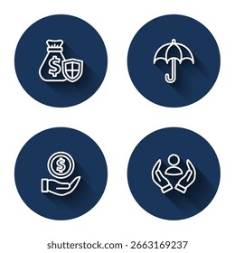 Set line Money bag with shield, Umbrella,  and Life insurance with long shadow. Blue circle button. Vector