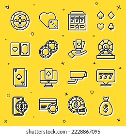 Set line Money bag, Slot machine with jackpot, Lottery, Casino chips, Deck of playing cards, roulette wheel and Hand holding icon. Vector