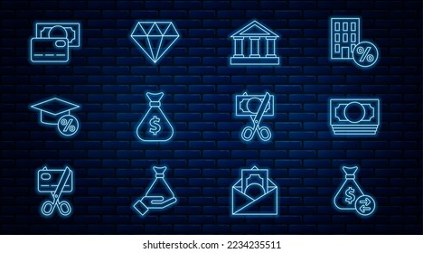 Set line Money bag, Stacks paper money cash, Bank building, Graduation cap and coin, Credit card, Scissors cutting and Diamond icon. Vector