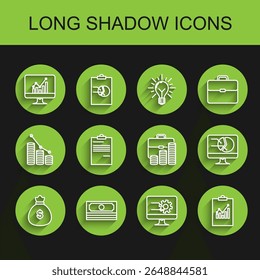 Set line Money bag, Stacks paper money cash, Computer monitor with graph chart, Clipboard, Document,  and Briefcase and coin icon. Vector