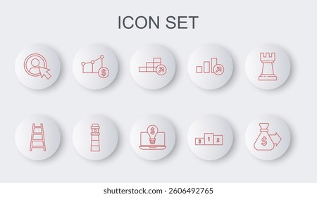 Set line Money bag, Stair with finish flag, Financial growth, Business podium, Create account screen, Pie chart and dollar, Lighthouse and bulb laptop icon. Vector