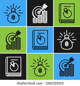 Set line Money bag, User manual and Target with coin symbol icon. Vector