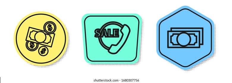 Set line Money cash and coin, Telephone 24 hours support and Stacks paper money cash. Colored shapes. Vector