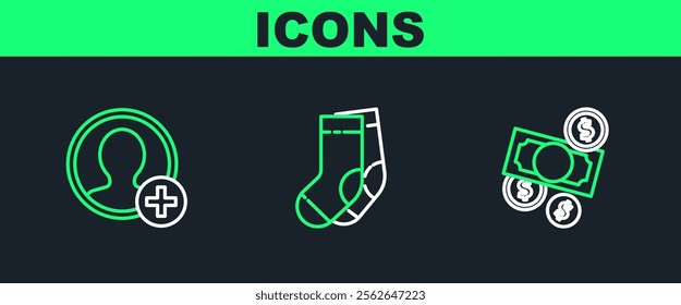 Set line Money cash and coin, Create account screen and Socks icon. Vector