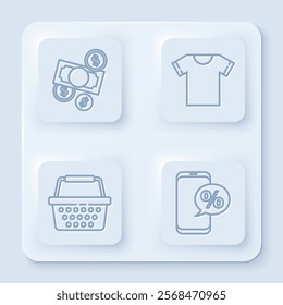 Set line Money cash and coin, T-shirt, Shopping basket and Percent discount and phone. White square button. Vector