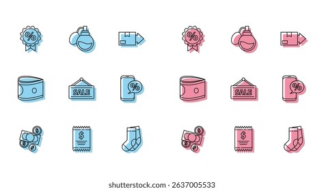 Set line Money cash and coin, Paper check financial check, Discount percent tag, Socks, Hanging sign with Sale, Percent discount phone, Stacks paper money and Perfume icon. Vector