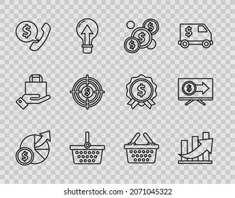 Set line Money and diagram graph, Financial growth coin, Coin money with dollar, Shopping basket, Telephone handset speech bubble chat, Target,  and Monitor icon. Vector