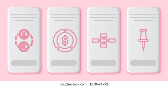 Set line Money exchange, Coin money with dollar symbol, Business hierarchy organogram chart infographics and Push pin. White rectangle button. Vector