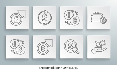 Set line Money exchange, Financial growth and dollar, bitcoin, Coin money with, Hand holding, Cryptocurrency, Wallet coins and pound icon. Vector
