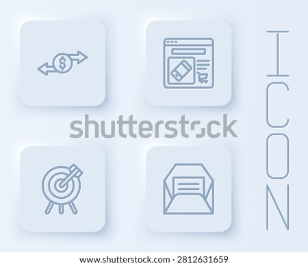 Set line Money exchange, Online shopping screen, Target financial goal and Envelope. White square button. Vector