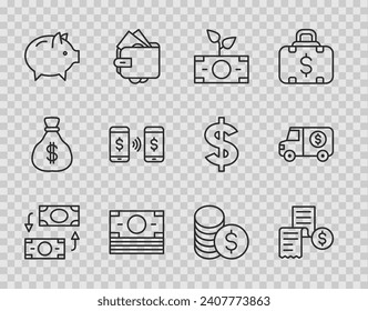 Set line Money exchange, Paper or financial check, plant the pot, Stacks paper money cash, Piggy bank, payment transfer, Coin with dollar and Armored truck icon. Vector