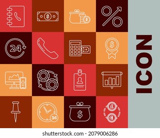 Set line Money exchange, schedule, chart, diagram, infographic, pie graph, Reward for good work, Wallet coins, Telephone handset, Clock 24 hours, Address book and Calculator dollar symbol icon. Vector