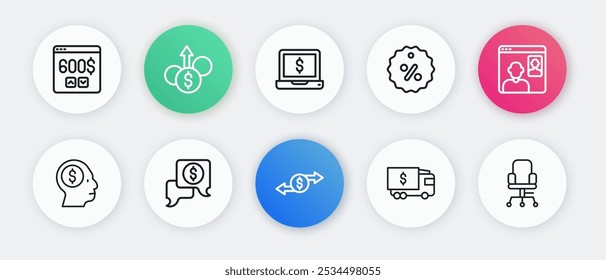 Set line Money exchange, Video chat conference, Business man planning mind, Armored truck, Discount percent tag, Laptop with dollar, Office chair and negotiations icon. Vector