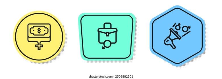 Set line Money growth woman, Work for female and Feminist activist. Colored shapes. Vector
