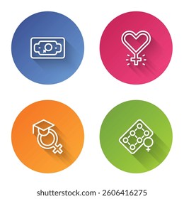 Set line Money growth woman, Feminism, Teacher and Packaging of birth control pills. Color circle button. Vector