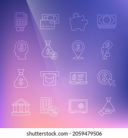 Set line Money in hand, Coin money with dollar, Business man planning mind, Piggy bank, bag, POS terminal credit card and Cash location icon. Vector
