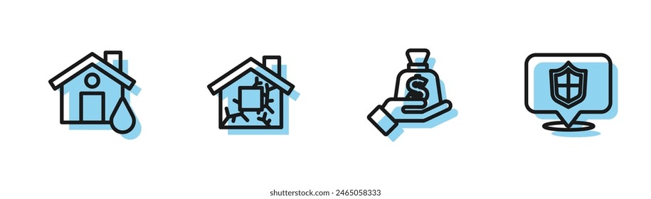 Set line Money in hand, House flood,  and Location shield icon. Vector