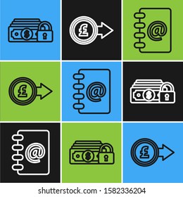 Set line Money with lock, Address book and Coin money with pound sterling symbol icon. Vector