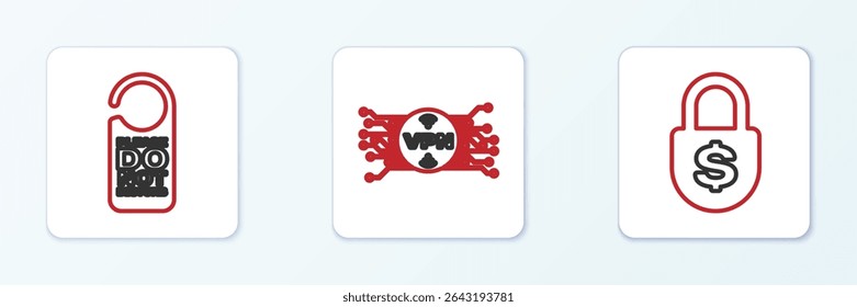 Set line Money lock, Please do not disturb and VPN with microchip circuit icon. Vector