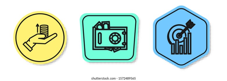 Set line Money on hand, Safe and money and Target with graph chart. Colored shapes. Vector