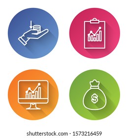 Set line Money on hand, Clipboard with graph chart, Computer monitor with graph chart and Money bag. Color circle button. Vector