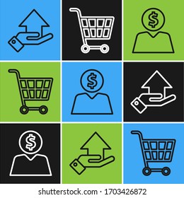 Set line Money on hand, Business man planning mind and Shopping cart icon. Vector