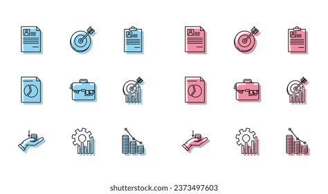 Set line Money on hand, Pie chart infographic, Resume, coin, Briefcase money, Target with, Document and  icon. Vector