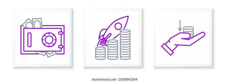 Set line Money on hand, Safe money and Rocket flying up coins growth chart icon. Vector