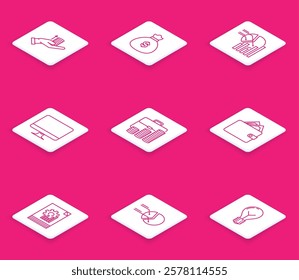 Set line Money on hand, bag, Pie chart infographic, Computer monitor screen, Briefcase coin, Wallet with stacks paper money cash, Document and  icon. Vector