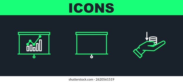 Set line Money on hand, Board with graph chart and Chalkboard icon. Vector