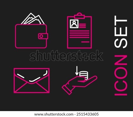 Set line Money on hand, Envelope, Clipboard with resume and Wallet stacks paper money cash icon. Vector