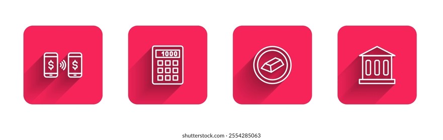 Set line Money payment transfer, Calculator, Gold bars and Bank building with long shadow. Red square button. Vector