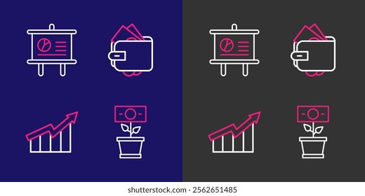 Set line Money plant in the pot, Financial growth increase, Wallet with money and Chalkboard diagram icon. Vector