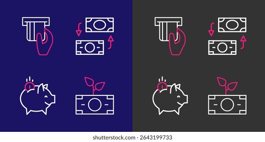 Set line Money plant in the pot, Piggy bank with coin, exchange and Credit card inserted icon. Vector