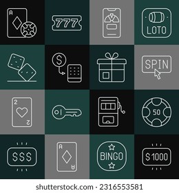 Set line Money prize in casino, Casino chips, Slot machine spin button, Lucky wheel phone, exchange, Game dice, and playing cards and Gift box icon. Vector