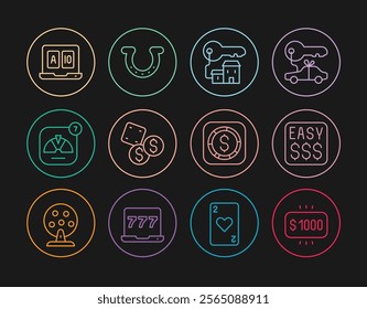 Set line Money prize in casino, Winning house with key, Game dice, Lucky wheel, Online poker table game, Coin money dollar and Horseshoe icon. Vector