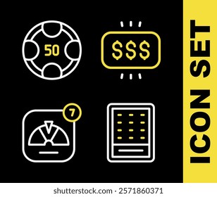 Set line Money prize in casino, Lottery ticket, Lucky wheel and Casino chips icon. Vector