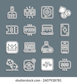 Set line Money prize in casino, Lucky wheel phone, Playing card with diamonds, Casino slot machine, Lottery ticket, player and Laptop and icon. Vector